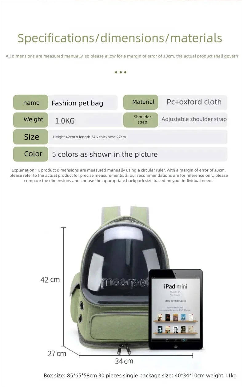 Pet Cat Carrier Bag Outdoor Travel Backpack for Cats Small Dogs Ventilation Breathable Cat Carrying Bag Pet Supplies Transparent