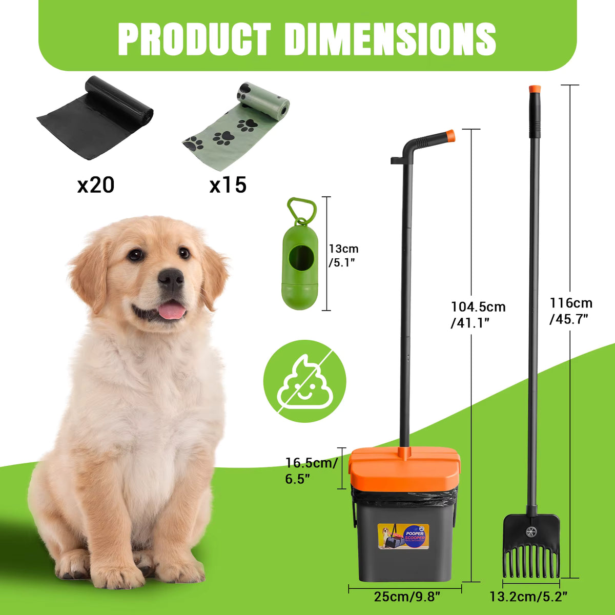 Adjustable Long Handled Pooper Scooper, Swivel Bin & Rake Kit
