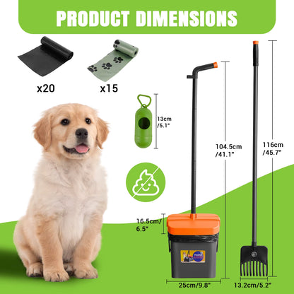 Adjustable Long Handled Pooper Scooper, Swivel Bin & Rake Kit