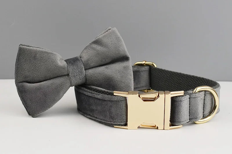 Dark Grey Velvet Dog Collar And Leash Set For Dogs Custom Engraved Nameplate Pet Supplies Dog Leash Velvet31