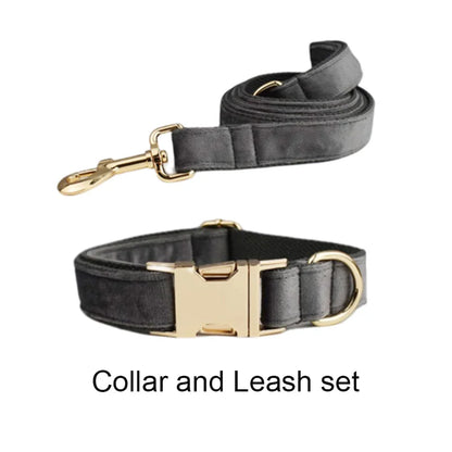Dark Grey Velvet Dog Collar And Leash Set For Dogs Custom Engraved Nameplate Pet Supplies Dog Leash Velvet31