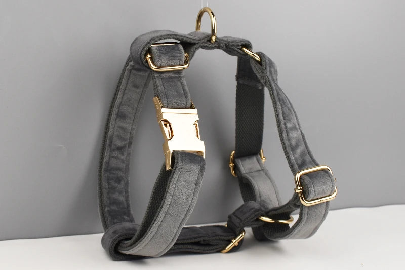 Dark Grey Velvet Dog Collar And Leash Set For Dogs Custom Engraved Nameplate Pet Supplies Dog Leash Velvet31