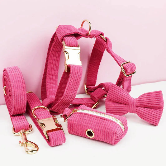 Mei Red Corduroy Dog Collar And Leash Set For Dogs Custom Engraved Nameplate Pet Supplies Dog Leash Corduroy02