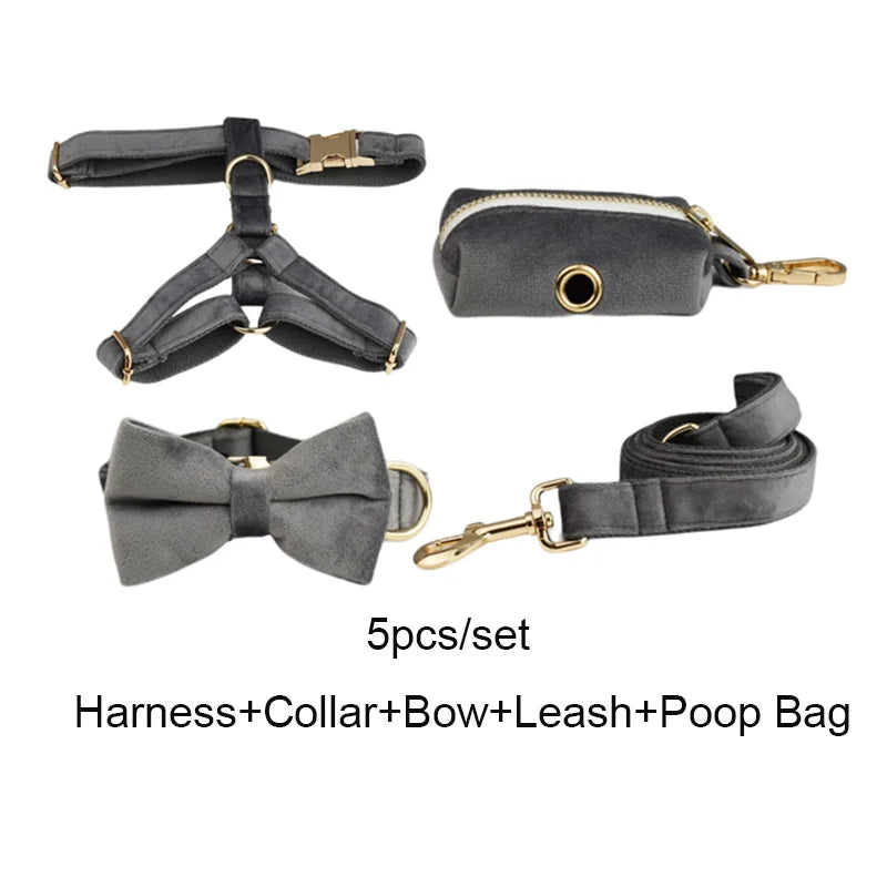 Dark Grey Velvet Dog Collar And Leash Set For Dogs Custom Engraved Nameplate Pet Supplies Dog Leash Velvet31