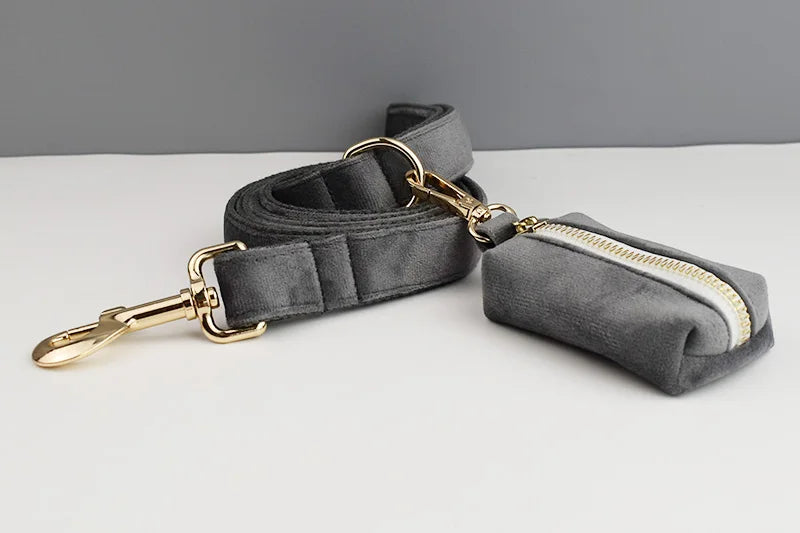 Dark Grey Velvet Dog Collar And Leash Set For Dogs Custom Engraved Nameplate Pet Supplies Dog Leash Velvet31