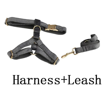 Dark Grey Velvet Dog Collar And Leash Set For Dogs Custom Engraved Nameplate Pet Supplies Dog Leash Velvet31