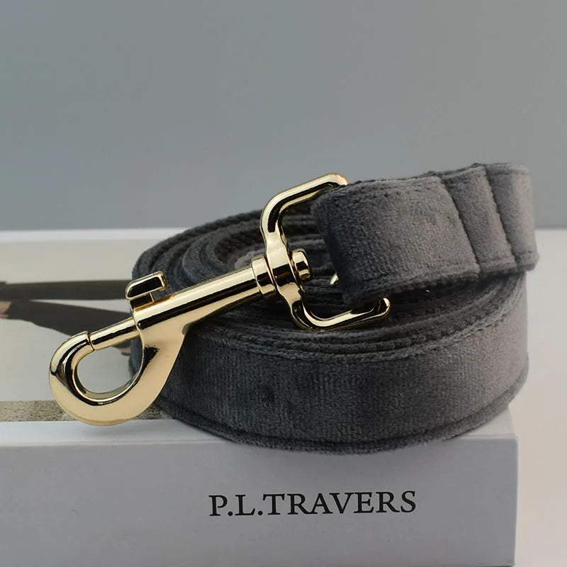 Dark Grey Velvet Dog Collar And Leash Set For Dogs Custom Engraved Nameplate Pet Supplies Dog Leash Velvet31