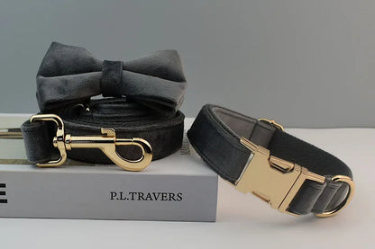 Dark Grey Velvet Dog Collar And Leash Set For Dogs Custom Engraved Nameplate Pet Supplies Dog Leash Velvet31
