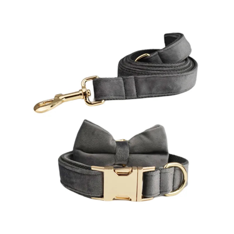 Dark Grey Velvet Dog Collar And Leash Set For Dogs Custom Engraved Nameplate Pet Supplies Dog Leash Velvet31