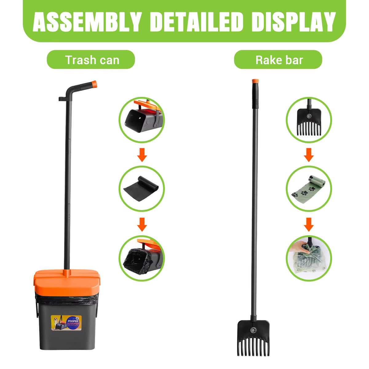 Adjustable Long Handled Pooper Scooper, Swivel Bin & Rake Kit