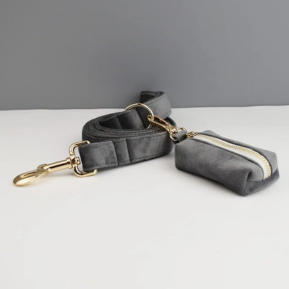 Dark Grey Velvet Dog Collar And Leash Set For Dogs Custom Engraved Nameplate Pet Supplies Dog Leash Velvet31