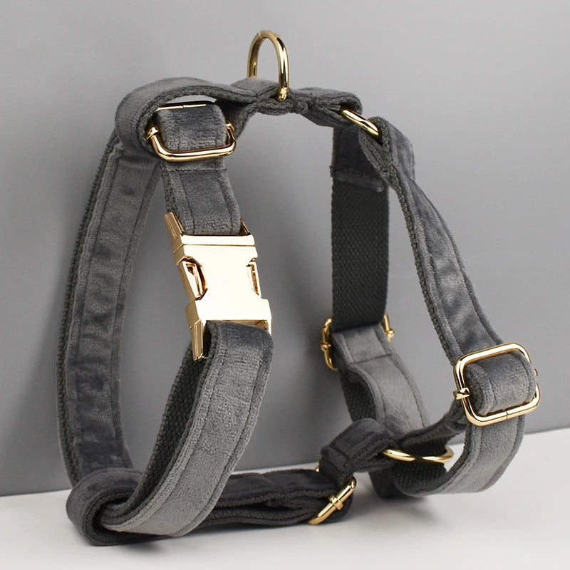 Dark Grey Velvet Dog Collar And Leash Set For Dogs Custom Engraved Nameplate Pet Supplies Dog Leash Velvet31